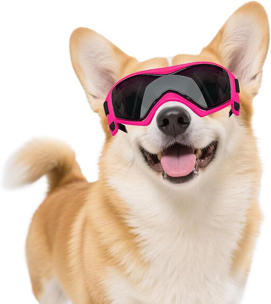 Dog Goggles Dog Sunglasses for Medium Breed UV Protection Windproof with Adjustable Head Straps Chin Straps for Ride Car/Hiking Travel/On Beach-Pink-PurrikoPets