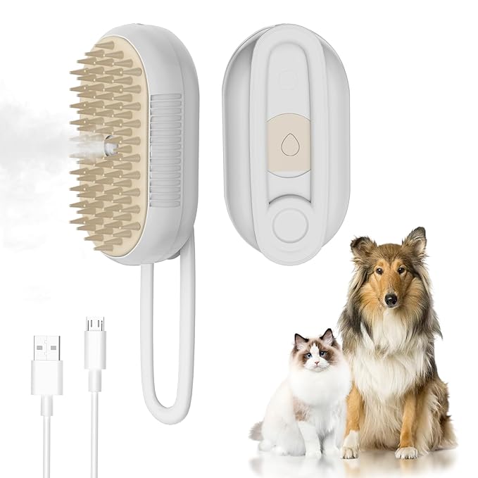 4 in 1 Cat Steam Brush for Shedding，Rechargeable Steam Pet Brush With Rotating Handle for Massaging, Self-Cleaning, and Pet Hair Removal for Long and Short Hair of Cat and Dog （Beige）-PurrikoPets
