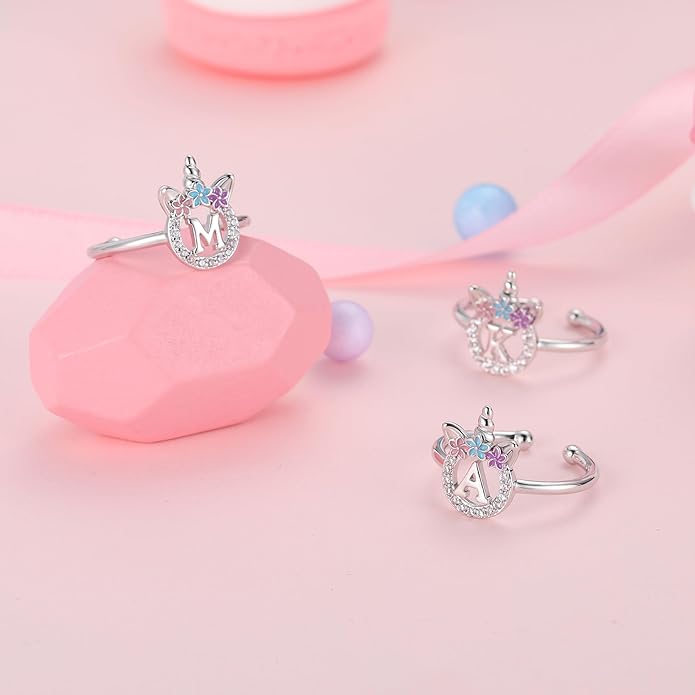 Unicorn Rings Gifts for Girls - Adjustable Initial Ring Dainty Cute Unicorn Rings for Girl Teens Little Girls Jewelry Birthday Gift