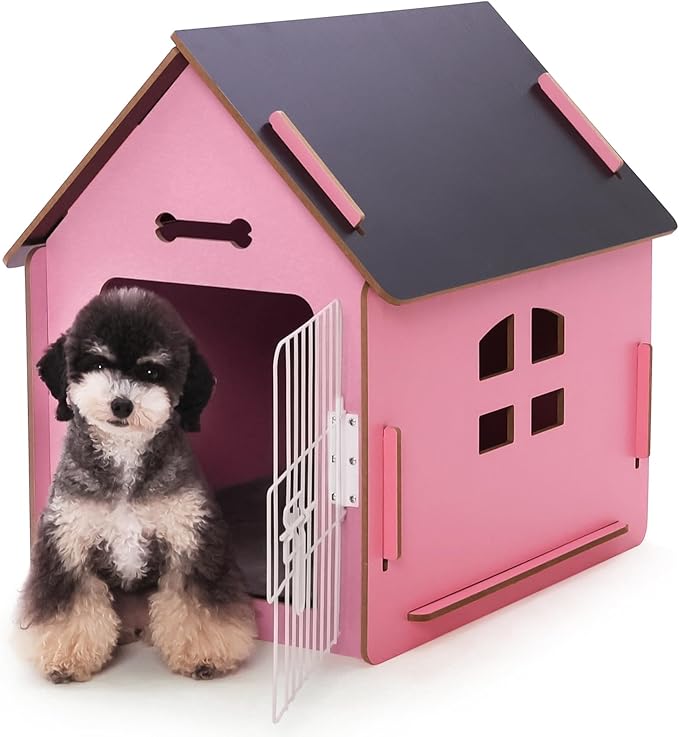Dog House Indoor for Small Dogs or Cats, Cozy Wooden Design, Small Indoor Bed House, with Air Vents and Elevated Floor Warm Dog Cave (Large Pink)-PurrikoPets