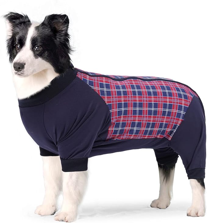 Dog Recovery Suit, Abdominal Wound After Surgery Wear, Anti Licking Bodysuit with Zipper, E-Collar & Cone Alternatives, Plaid Dog Spay Surgical Onesie Prevent Shedding(Large, Red)-PurrikoPets