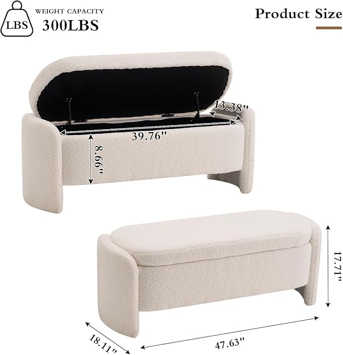 47.6 Inch Lamb Fleece Oval Storage Bench Upholstered Ottoman Bench with Storage, Bedroom Bench with Large Storage Space, for Bedroom Living Room Entryway, Beige-PurrikoPets