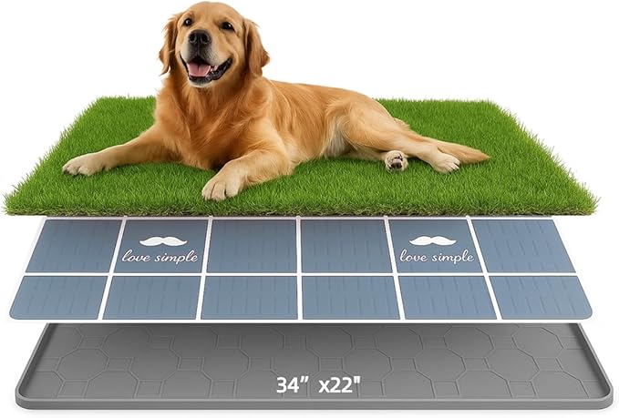 Dog Grass Pad with Tray, 34"x22" Silicone Base Washable Reusable Pee Pad & Grass Pad - Non-Slip, Easy-Clean Indoor Outdoor Dog Potty Toilet (34" x 22")-PurrikoPets
