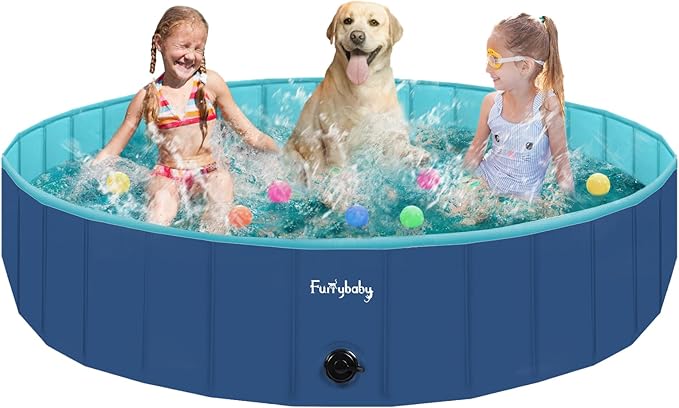 Furrybaby Dog Pool, Kiddie Pool Hard Plastic Foldable Dog Pools for Large Dogs Portable Pet Doggie Wading Swimming (Navy 63'') Indoor and Outdoor-PurrikoPets