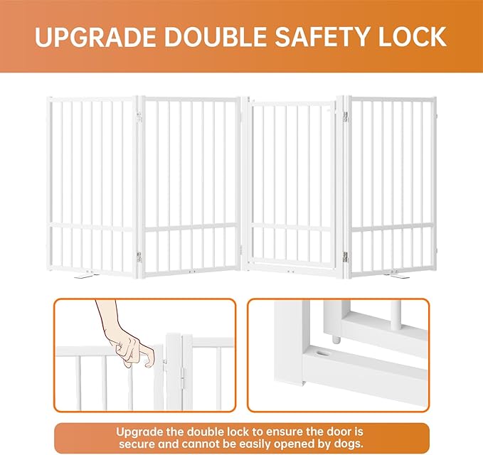 Full Metal Freestanding Dog Gate with Door, 32''Height Foldable Pet Dog Fence for Indoor & Outdoor, 4 Panels Extra Wide Free Standing TallDog Gates for Doorways,House,Stairs,Porch,Deck,Yard-PurrikoPets