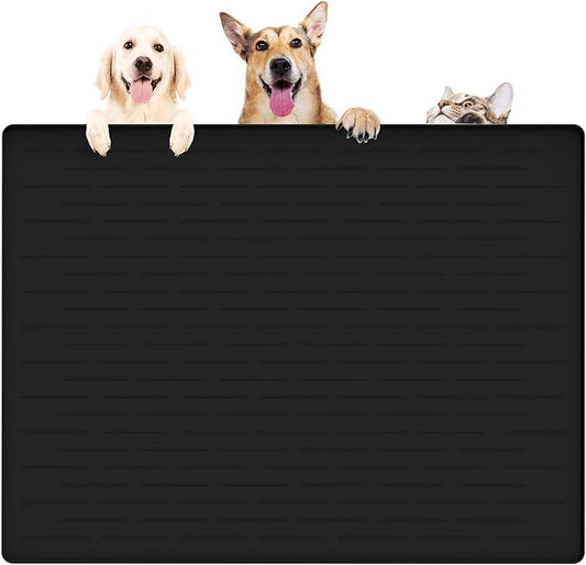 39.4"x29.5" Large Pet Food Mat, Silicone Dog Mats for Food and Water, Nonslip Pet Feeding Mats for Floors,Dog Cat Bowl Mat with Raised Edges, Black-PurrikoPets