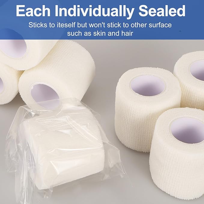 24 Pack White Self Adhesive Bandage, 2” x 5 Yards Medical Wrap, Cohesive Bandage Wrap, White Tape Baseball, Self Stick Bandage Tpae, First Aid Gauze for Ankle, Leg, Arm-PurrikoPets