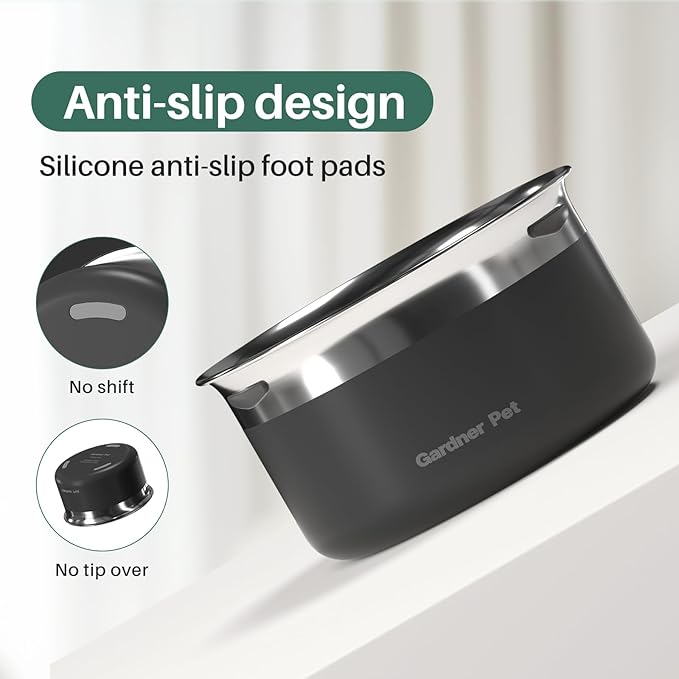 Gardner Pet Dog Bowls 1 Gallon (3.85L) Stainless Steel No Spill Dog Water Bowl, Slow Water Feeder Metal Bowls, Spill Proof Water Dispenser for Large Dogs, Promotes Healthy Hydration(Black)-PurrikoPets