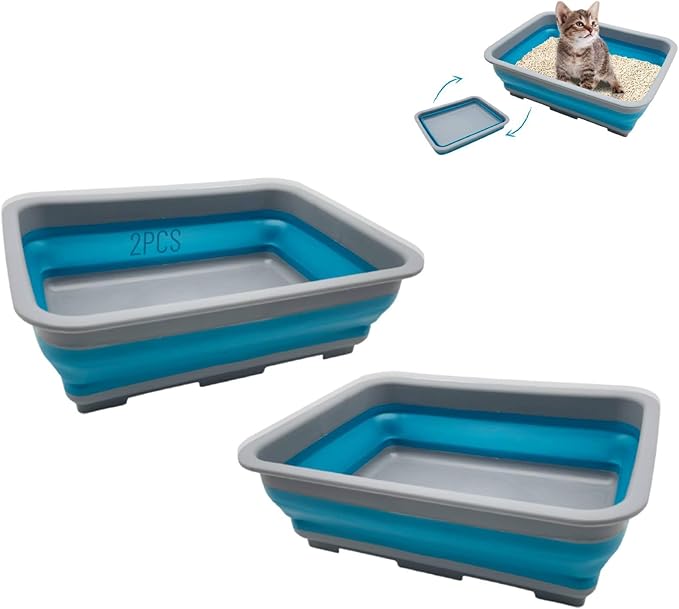 Fhiny 2PCS Open Cat Litter Box, Kitten Potty Pan Semi-Enclosed Foldable Waterproof Travel Toilet Low Entrance for Indoor Cats Small Pet Kitty Rabbit Supplies Easy to Clean and Assemble-PurrikoPets