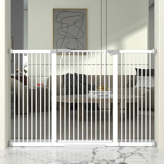 41" Extra Tall Cat Gate for Doorway, 60.3-62.9'' Metal Pet Baby Safe Gate, Extra Wide Pressure Mounted Child Door with Expansion Kit, No Drilling Baby Gate Indoor, No Climb Proof Gate, White-PurrikoPets