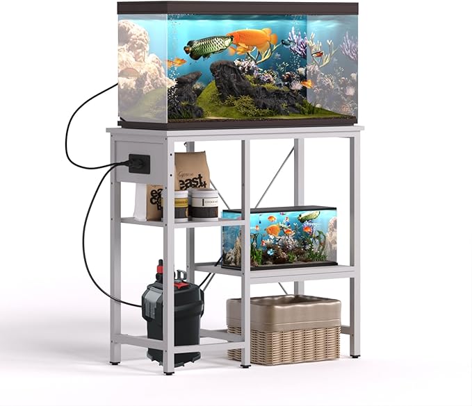 20-29 Gallon Fish Tank Stand with Power Outlet & LED Light, Metal Aquarium Stand with 3 Tier Adjustable Storage Shelves, Tank Stand for Reptile Tank, Turtle Tank, 30.7" L*13.8" W, White-PurrikoPets