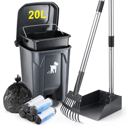 Dog Pooper Scooper, Dog Poop Trash Can Set with Removable Inner Bucket, Long Handle Rake, 150 Waste Bags, Easy Pick Up Poop Scooper, 20L Dog Poop Trash Bin for Small/Large Dog Families-PurrikoPets