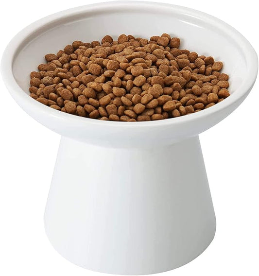 Extra Wide Elevated Ceramic Cat Bowl - 6.2" Shallow Dish for Whisker Fatigue Relief, 5" Height for Easy Feeding, Lead & Cadmium Free, Durable Raised Cat Food Bowls, White-PurrikoPets