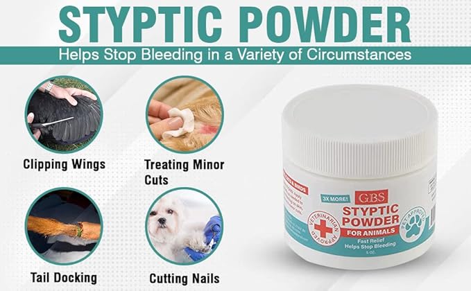 G.B.S 5 oz Styptic Powder for Dogs, Cats & Birds – Quick Blood Clotting for Nail Clipping, Minor Cuts, Tail Docking & Wing Clipping – Pet First Aid Hemostatic Powder with Sealed Top & Scoop-PurrikoPets