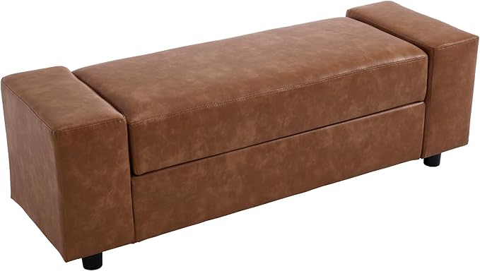 55" End of Bed Storage Bench Ottoman for Bedroom, Faux Leather Upholstered Entryway Bench Long Window Seating for Corner/Living Room/Recption Room/Office/Shop, Brown-PurrikoPets