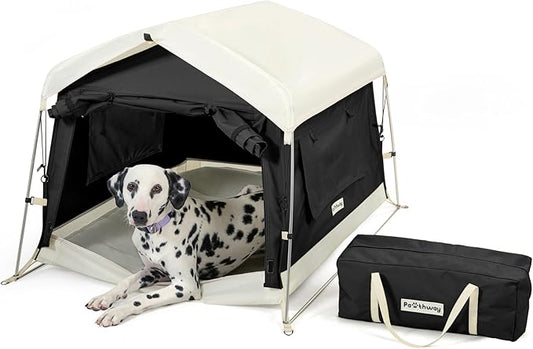 Dog Tent Cotton Fabric, Aluminum Poles and Camping Mat, Outdoor Weatherproof, Dog House Outdoor, Breathable with 2 Side Windows, Portable and Collapsible (Black, Large)-PurrikoPets