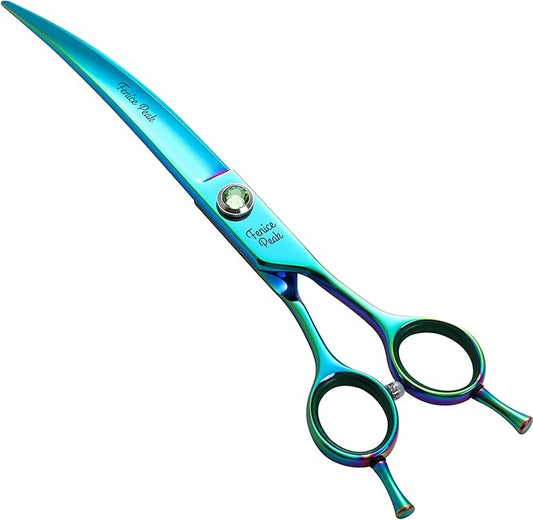 Fenice Peak 7.5'' Green Curved Dog Grooming Scissors Pet Shears with Ergonomic Offest Handle and Simulated Emerald Screw 440C Grooming Scissors Trimming Shears Durable and Sharp-PurrikoPets