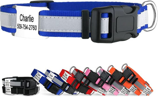 GoTags Reflective Personalized Dog Collar with Nameplate, Adjustable Dog Collar with Custom Engraved Steel Slide On Pet ID Tag, Silent, No Noise Dog Tag for Large Medium or Small (Blue, Medium)-PurrikoPets