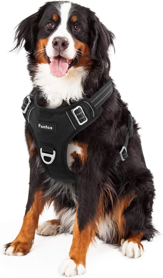 Funfox Dog Harness No Pull, Adjustable Dog Vest Harness Super Soft, 2 Leash Clips Anti Pull, Vertical Handle Easy to Control, Reflective Night Walking for XLarge Breed, Black, XL-PurrikoPets