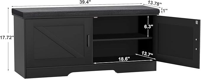2-Tier Storage Bench, Shoe Bench with Padded Seat Cushion, Entryway Bench with 2 Barn Doors, Adjustable Shelf, 13.8" D x 39.4" W x 17.7" H, for Entryway, Living Room, Bedroom, Black-PurrikoPets