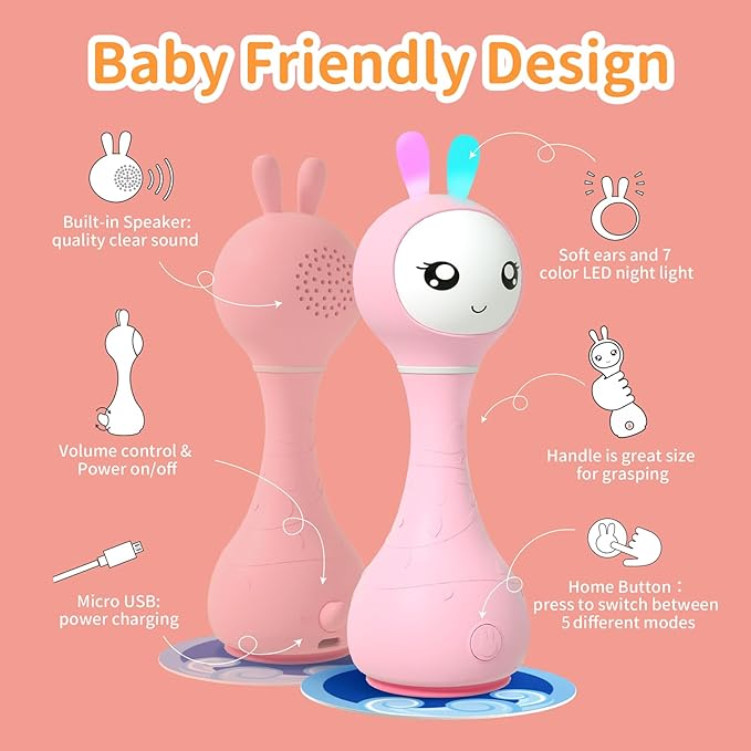 alilo Smarty Bunny Baby Rattle Musical Light Up Toys, Infants Newborns Baby Toys 0-3-6-12-18-24 Months,1 Year Old Boy Girl Gifts, 4 Music Modes and Color Recognition Function with 9 Color Card-PurrikoPets