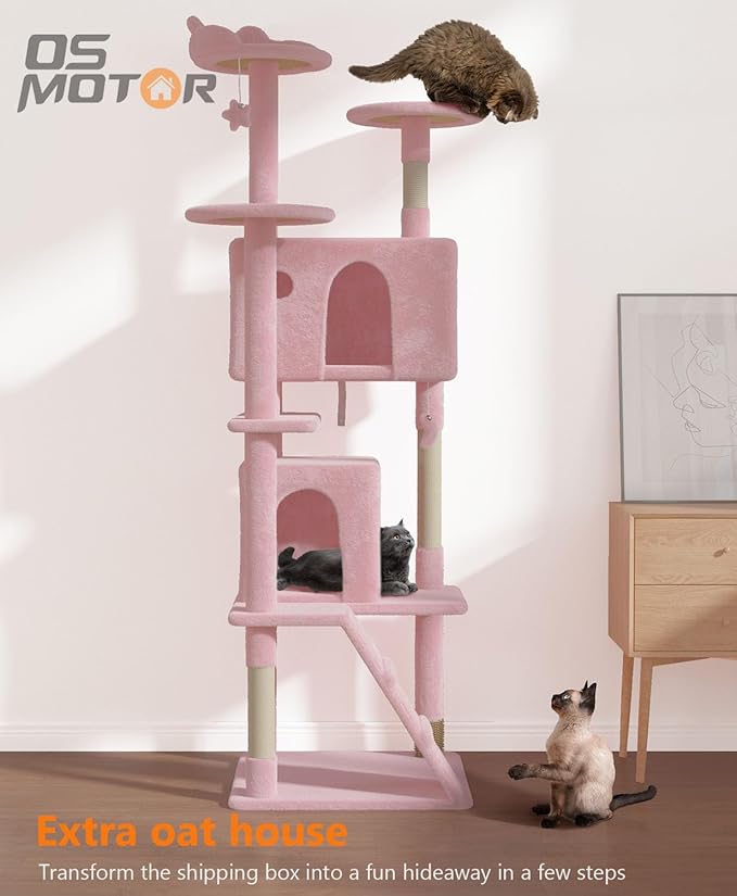 77'' Cat Tree Tower for Indoor Cats Large Adult, Cute/Tall Modern Cat Tree for Big Cats 20 lbs, Plush Multi-Level Cat Condo with Scratching Posts,Dangling Ball (Soft Pink, 77 inch)-PurrikoPets