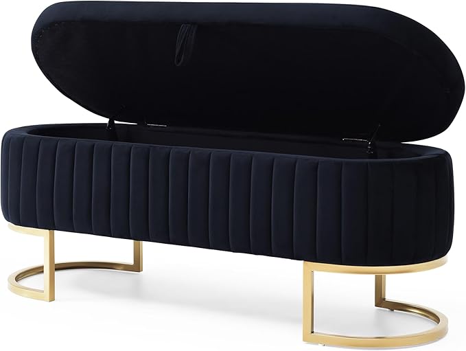 50" Sherpa Storage Ottoman Bench – Velvet Upholstered Bedroom Bench with Golden Metal Legs, Lift-Top Hidden Storage, Modern Footrest for Living Room, Entryway, Bed End (Black)-PurrikoPets