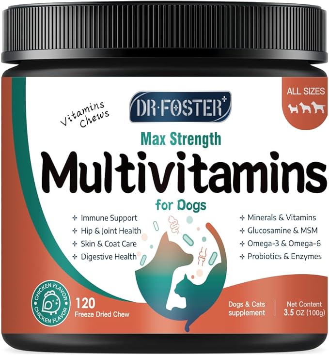 Dog Multivitamin with Glucosamine, Omega 3, Minerals, Probiotics and Enzymes, Dog Vitamins and Supplements for Joint, Skin & Coat Care, Digestive and Immune Health, Chicken Flavor - 120 Chews-PurrikoPets
