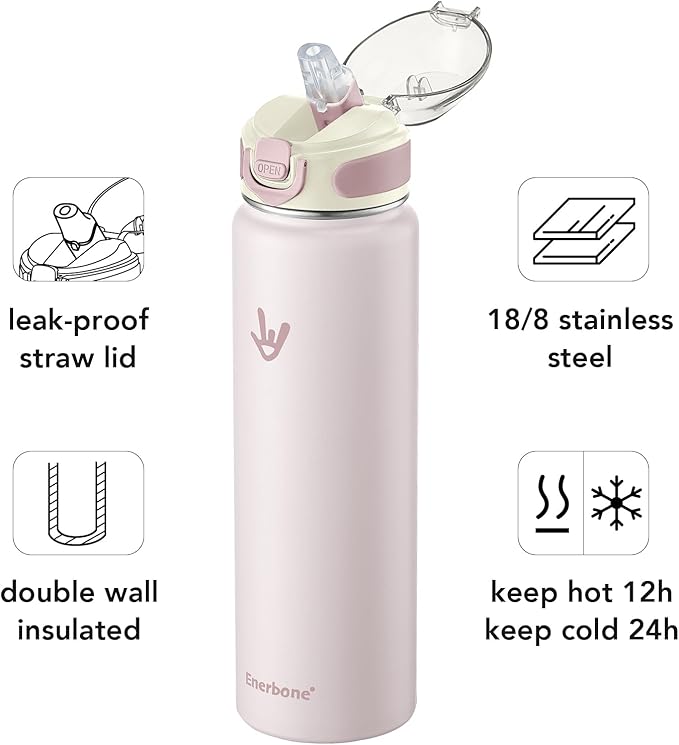 Enerbone 32 oz Insulated Water Bottle, Stainless Steel Bottle with Carrying Strap, Double-Wall Vacuum Insulation Design, Leakproof Sports Bottle with Straw, Keep Drinks Cold or Hot for Hours-PurrikoPets