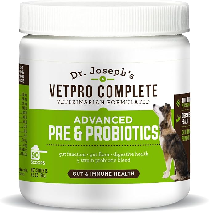 Dr. Joseph's VetPro Complete Advanced Powdered Pre & Probiotics for Dogs, 90 Scoops, Supports Gut Health, Diarrhea, Digestive Health & Seasonal Allergies, Chicken/Pumpkin Flavor, Add to Food-PurrikoPets