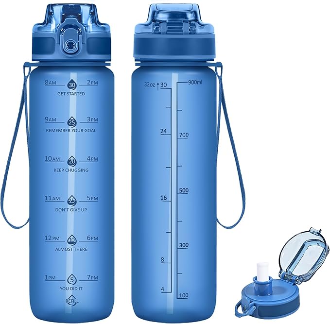 32oz Motivational Water Bottles with Time Marker & Fruit Strainer, Transparent Gradient Color Water Bottle with Times to Drink, Leakproof & BPA Free, Reusable Bottle with Strap (No Straw)-PurrikoPets