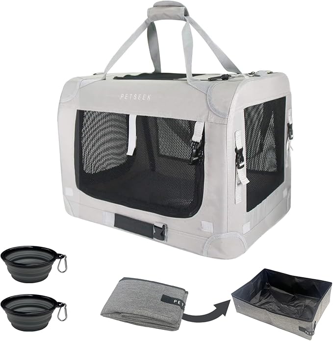 Extra Extra Large Cat Carrier Soft Sided, Portable Small Dog Carrier for 2 Cats, 24"x16.5"x16" Car Travel Folding Comfortable Design with Litter Box and Bowls, Grey+ Litter Box+ Bowl*2-PurrikoPets