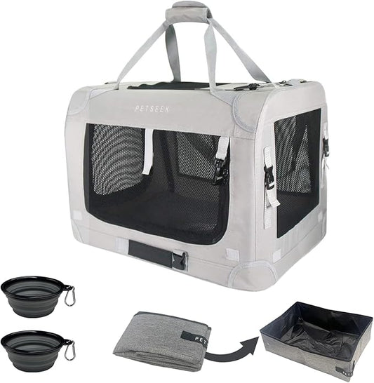 Extra Extra Large Cat Carrier Soft Sided, Portable Small Dog Carrier for 2 Cats, 24"x16.5"x16" Car Travel Folding Comfortable Design with Litter Box and Bowls, Grey+ Litter Box+ Bowl*2-PurrikoPets