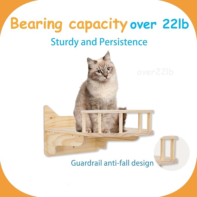 9-Piece Wall-Mounted Cat Shelves Set, House, Lookout Tower, 2 Sisal Scratching Posts, 5-Step Cat Wall Ladder, Pine Furniture, Extra-Wide & Long for Large Cats, Space-Saving Indoor Shelves-PurrikoPets