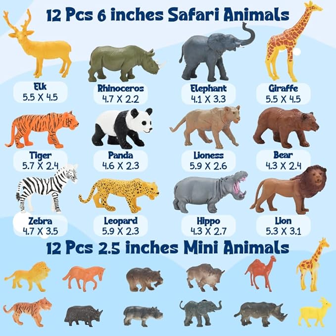 24Pcs Safari & Zoo Animals Figures, Realistic Plastic Animal Toys Set for Kids 1 2 3, Lion, Elephant, Perfect for Play, Education, Baby Shower Decor,Party Supplies Cake Topper-PurrikoPets