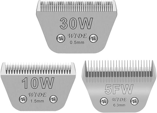 3PCS Wide Blades for Dog Grooming Blades Compatible with Andis,Oster A5,Wahl km10 Dog Clippers Stainless Steel Blades Blades for Animal Dog,Cat,Horse,Silver Size #10W+30W+5FW-PurrikoPets