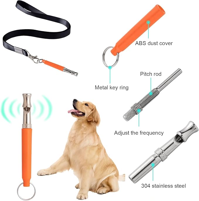 3 PCS Dog Whistles Set, Adjustable Recall Dog Training Whistle Silent Dog Whistle to Stop Barking with Lanyard,Dog Clicker(Orange)-PurrikoPets