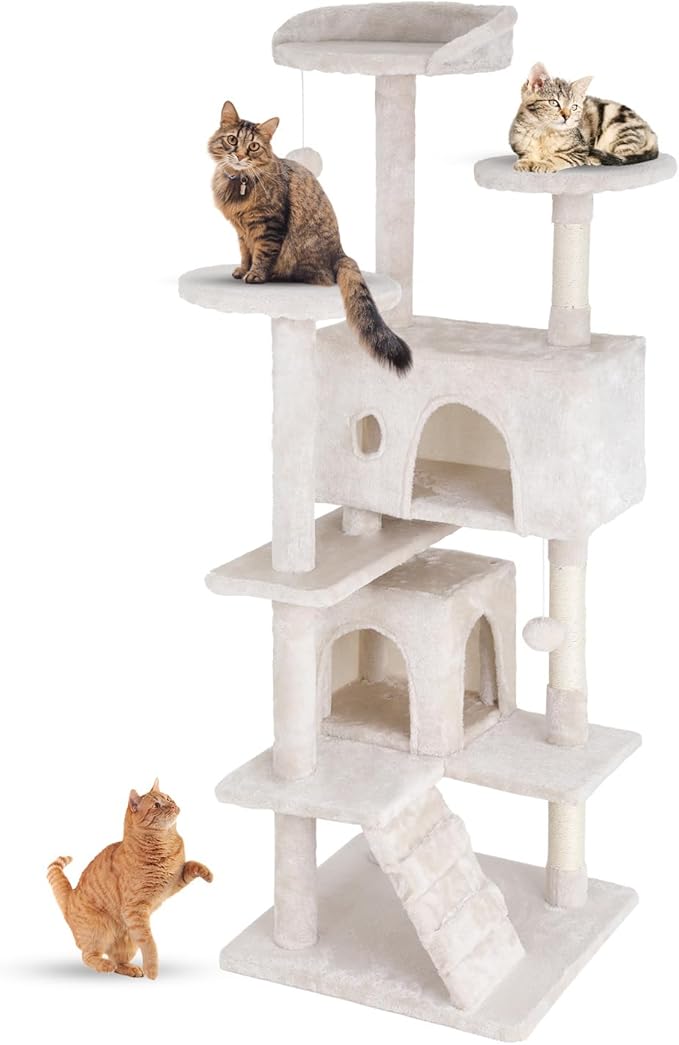 FDW Cat Tree 54in Cat Tower Multi-Level Durable Cat Scratching Post & Cozy Fun Cat Jumping Platform Space Saving Cat Condo Pet Play House for Indoor Cats,Beige-PurrikoPets
