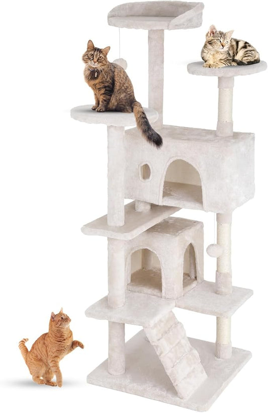 FDW Cat Tree 54in Cat Tower Multi-Level Durable Cat Scratching Post & Cozy Fun Cat Jumping Platform Space Saving Cat Condo Pet Play House for Indoor Cats,Beige-PurrikoPets