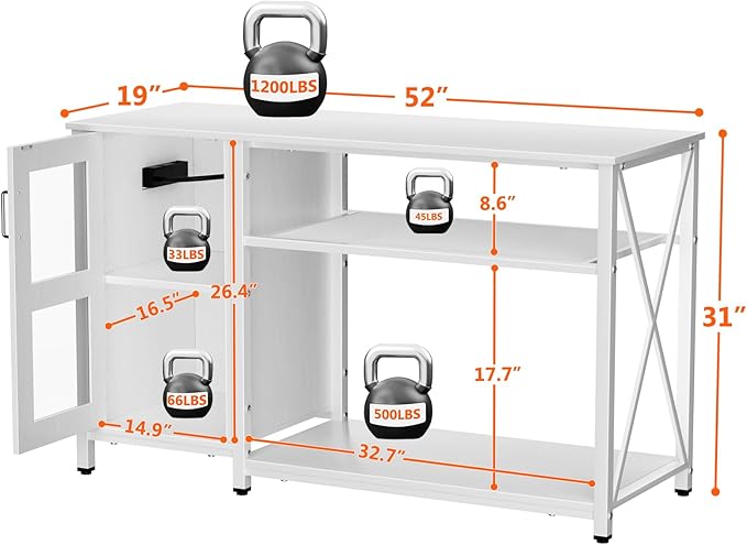 55-75 Gallon Fish Tank Stand with Cabinet, Aquarium Stand for Fish Tank Accessories Storage, Heavy Duty Metal Terrarium Stand, 52" L*19" W Tabletop, 1200LBS Capacity, White-PurrikoPets