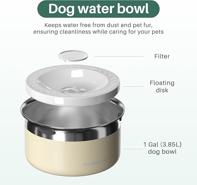 Gardner Pet Dog Bowls 1 Gallon (3.85L) Stainless Steel No Spill Water Bowl, Slow Water Feeder Metal Dog Bowls, Spill Proof Water Dispenser for Large Dogs, Promotes Healthy Hydration(White)-PurrikoPets