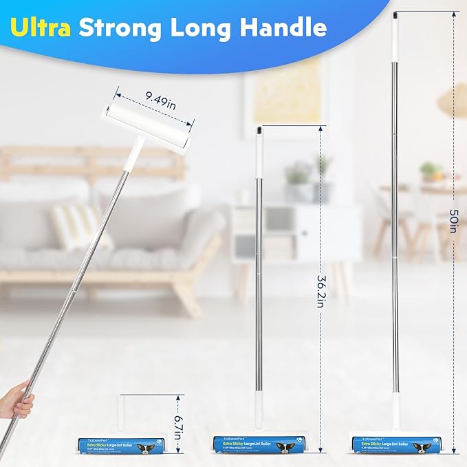9.49'' Large Lint Rollers for Carpet and Floor, Extra Sticky Giant Rollers with 50'' Long Handle for Carpets, Couch, Floor, Clothing, and Pet Hair Cleaning(1 Pack Floor Roller)-PurrikoPets