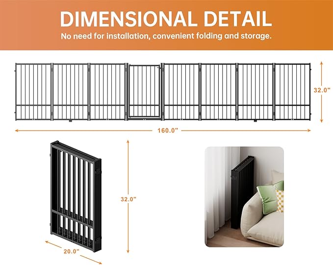 Full Metal Freestanding Dog Gate with Door, 32''Height Foldable Pet Dog Fence for Indoor & Outdoor, 8 Panels Extra Wide Free Standing TallDog Gates for Doorways,House,Stairs,Porch,Deck,Yard-PurrikoPets