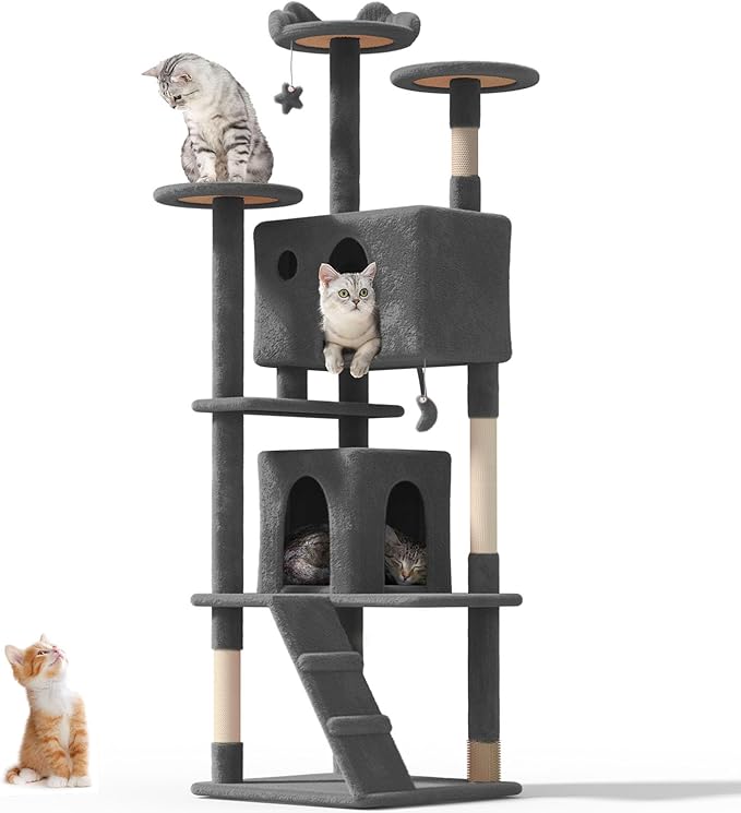 77'' Cat Tree Tower for Indoor Cats Large Adult, Cute/Tall Modern Cat Tree for Big Cats 20 lbs, Plush Multi-Level Cat Condo with Scratching Posts, Dangling Ball (Smoky Gray, 77 inch)-PurrikoPets