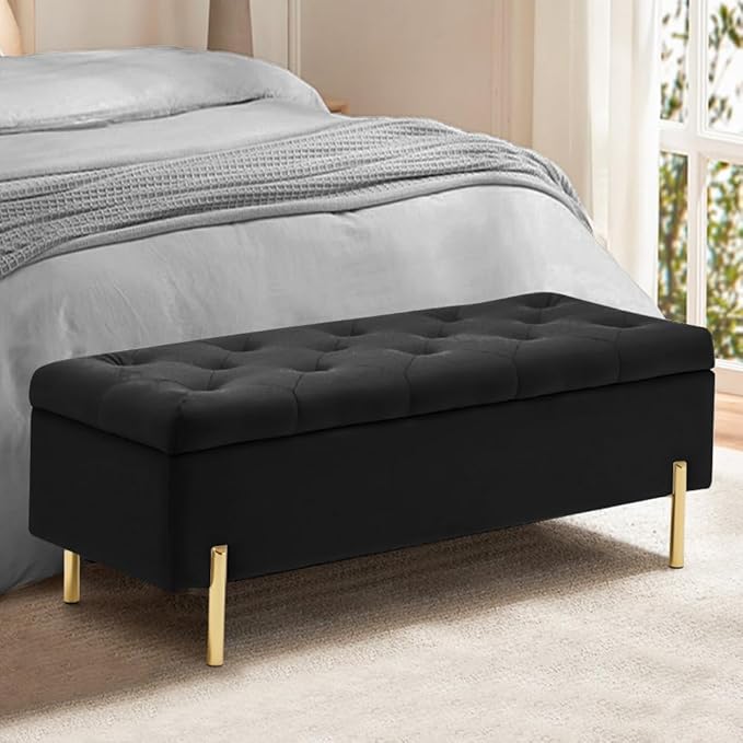45.6 Inch Velvet Storage Ottoman, Rectangular Accent Bench for Bedroom & Living Room, Black-PurrikoPets