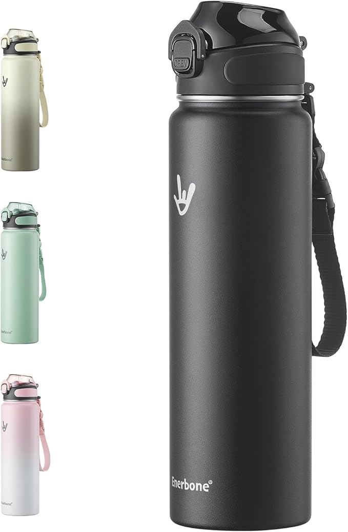 Enerbone 32 oz Insulated Water Bottle, Stainless Steel Bottle with Carrying Strap, Double-Wall Vacuum Insulation Design, Leakproof Sports Bottle with Straw, Keep Drinks Cold or Hot for Hours-PurrikoPets