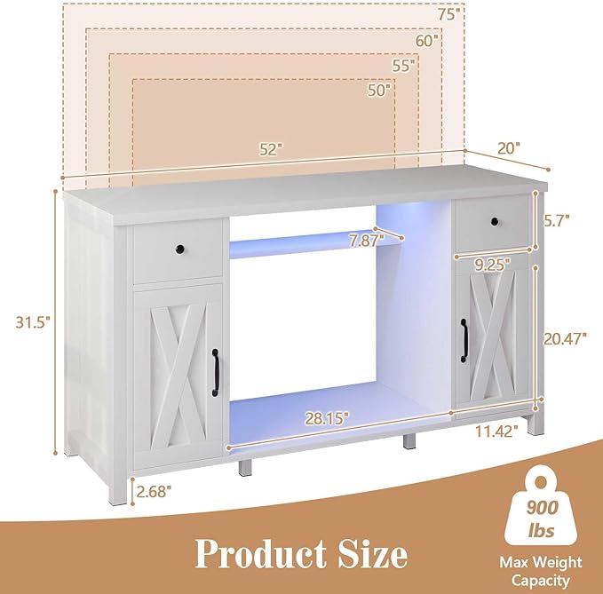 75 Gallon Fish Tank Stand with LED Light & Power Outlets, 55-75 Gallon Aquarium Stand with 2 Drawers & 2 Barn Doors, 52" L x 20" W Cabinet for 2 Fish Tank Accessories Storage, Turtle Tank, White-PurrikoPets