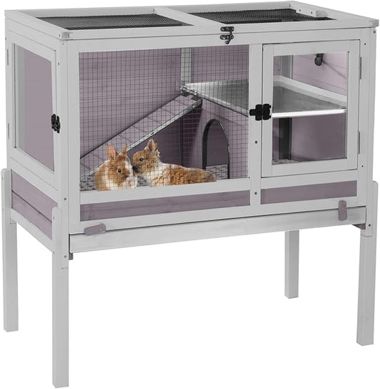 Aivituvin Rabbit Hutch with Stand Wooden Bunny Cage Indoor 2 Story Guinea Pig House with Anti Chew Ramp, No Leak Tray, Hideout, Wire Mesh (Gray)-PurrikoPets