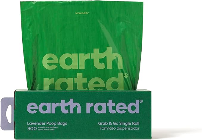 Earth Rated Dog Poop Bags, Thick Grab and Go Single Roll, Ideal for Backyard Pickups, Lavender Scented, 300 Count-PurrikoPets