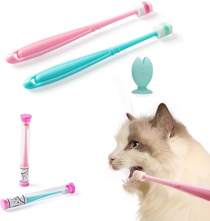 E.M&S.T by Emmeliestella Small Dog & Cat Toothbrush 360 Degree Soft Silicone, Cat Dental Care, Toothbrush Holder, Easy to Handle, Independent Packaging, Extra Suction Cup, Light Blue&Light Pink 3PCS-PurrikoPets